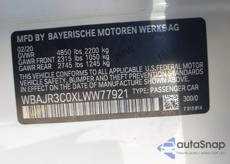 2020 BMW 530I from USA, damaged, VIN WBAJR3C0XLWW77921